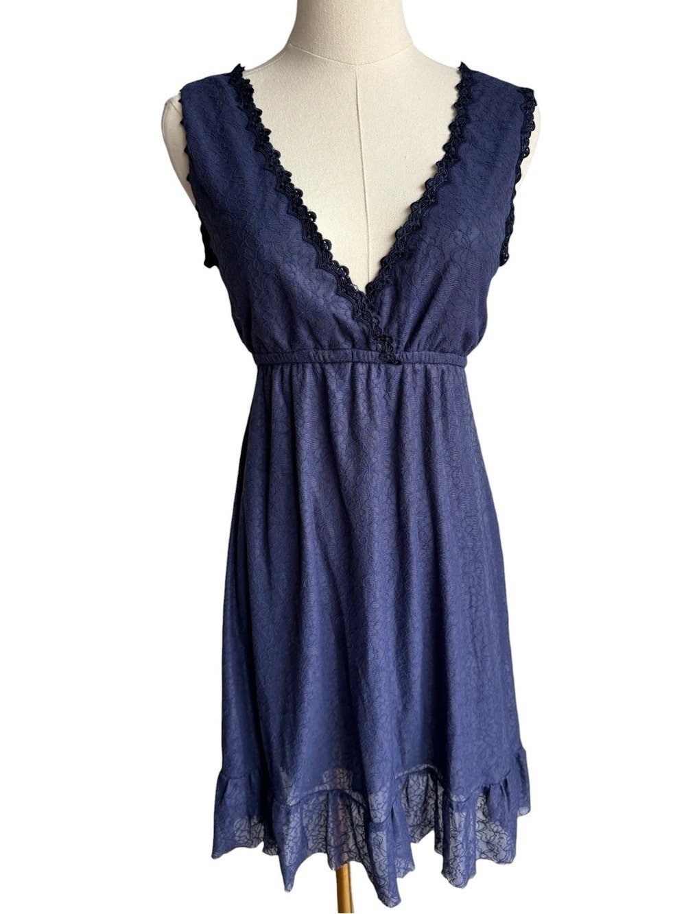 Y2K Babydoll Dress Sz M/L Navy Blue Floral Deep V Knee Length Summer Sundress